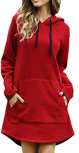 Zltang Mujer Sudaderas Largas con Capucha Vestido de Sudadera Oversize Otoño Invierno Color Sólido Dobladillo Irregular Suelto Hoodie Largo Rojo L