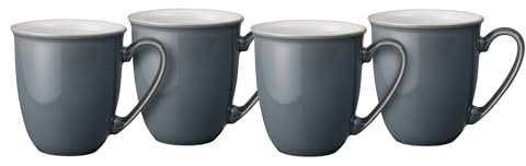 Denby - Elements Fossil Grey Coffee Mug Set of 4 - 330ml Stoneware Ceramic Tea Mug Set For Home & Office - Dishwasher Safe, Microwave Safe - Dark Grey, White - Chip Resistant