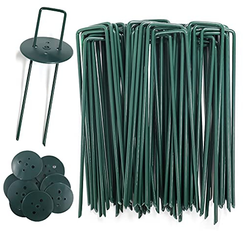 AGAKY 45 Grapas para Jardín + 10 Arandelas de Seguridad, Césped Artificial, Estacas de Fijación para Mallas, Clavo Metal Galvanizado