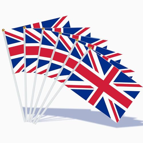 AhfuLife Petit Drapeau Royaume-Uni - 30Pcs Mini Drapeaux Union Jack avec Poteau Solide Blanc pour Décoration Jardin Bar, Fête de Saint-Georges, Procession, Célébration Compétition Sportive