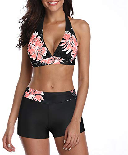Durio Bikini Damen Bikini Set Zweiteiliger Badeanzug Bikini mit Hotpants Träger Oberteil Bikinihose Schwarz mit Rosa Blumen 38