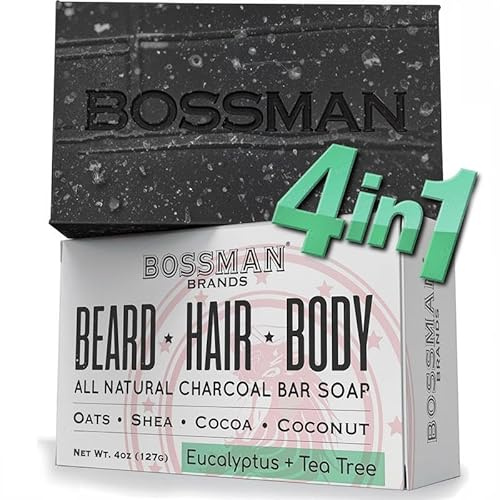 Bossman 4-in-1 Charcoal Soap Bar (4 oz) – Bar Soap for Men – All-Natural Beard Wash, Shampoo, Body Wash & Shaving Solution – Eucalyptus & Tea Tree Scent