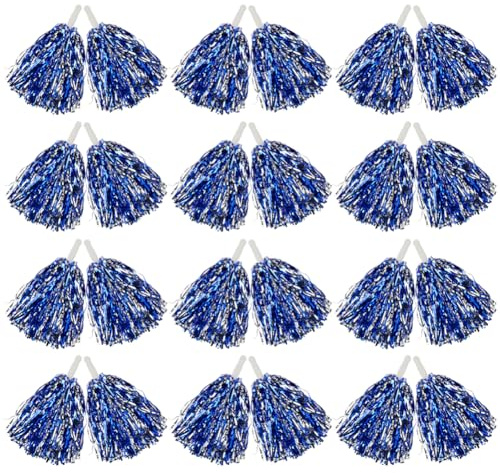 Hooshing 12PCS Pom Poms Cheerleading Blue and Silver Metallic Foil Cheer Pom Poms with Plastic Handles for Rooters Cheering Squard Team Spirit Sports