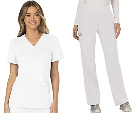 Cherokee Conjunto de uniforme médico para mujer, ajuste clásico moderno, WW610 con tiro medio, pantalón de pierna recta WW110, color blanco, talla XS y pantalón alto, Blanco, XS Top / S Pant