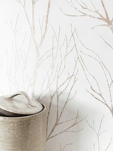 Newroom papel pintado TNT blanco oro rosa ramas metalizado dormitorio