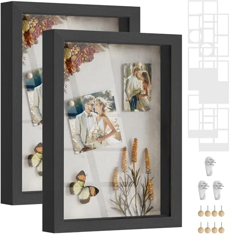 SONGMICS Bilderrahmen, 6 Passepartouts, 2er Set Fotorahmen zum Befüllen, 8 Stecknadeln, Collage für Bilder 10,2 x 15,2 cm, 10,2 x 10,2 cm, 3 spurenlose Wandhaken, aschschwarz RPF019B02