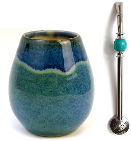 Yerba Maté Set | Tasse à thé mate en céramique faite à la main ~ 300 ml | Unique matero | Passe au lave-vaisselle | Paille en acier inoxydable Bombilla Bola noire pour maté 21 cm | Set pour yerba maté