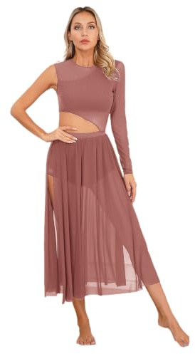 inhzoy Abito da Ballo Lirico Contemporaneo Donna Vestito da Pattinaggio Artistico con Spacco Laterale Body da Ginnastica Danza Classica Moderna a Rete Trasparente Performance Marrone S