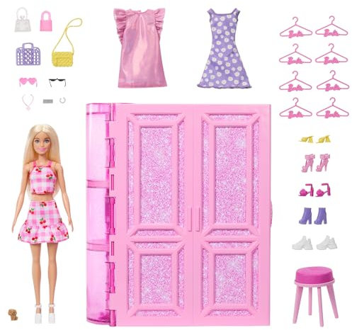 Barbie Dream Closet Toy Playset with Blonde Fashion Doll, Clothes & Accessories, 3-ft-Wide with 25+ Pieces, 3 Complete Looks, HXD58