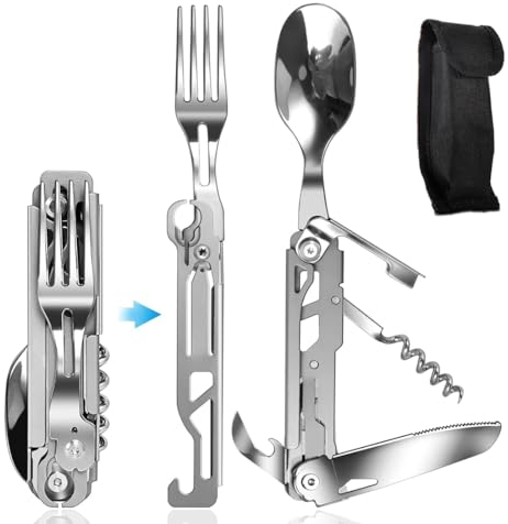 Campingbesteck Edelstahl Reisebesteck 5 in 1 Klappbesteck Outdoor Besteck Multifunktions Tragbares Camping Besteck für Unterwegs Reisen Wandern Rucksackreisen mit Aufbewahrungstasche