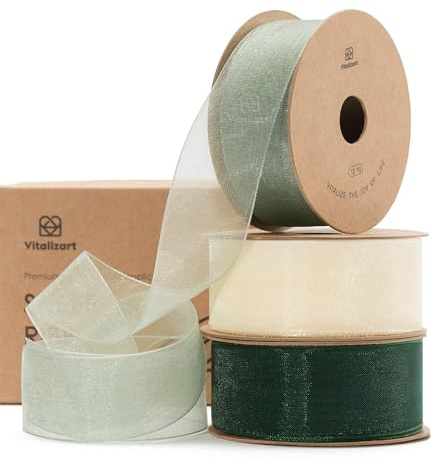 Vitalizart Cream White & Green Organza Ribbon 1'' x 30Yd for Crafting