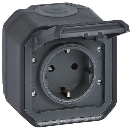 LEGRAND, Plexo New Feuchtraum-Steckdose, Schuko-Standard, inklusive Klappdeckel, Berührungsschutz, Installation mit Schraubklemmen, 16 Ampere, 250 Volt, IP44 - IK07, Farbe: Anthrazit, 069783L