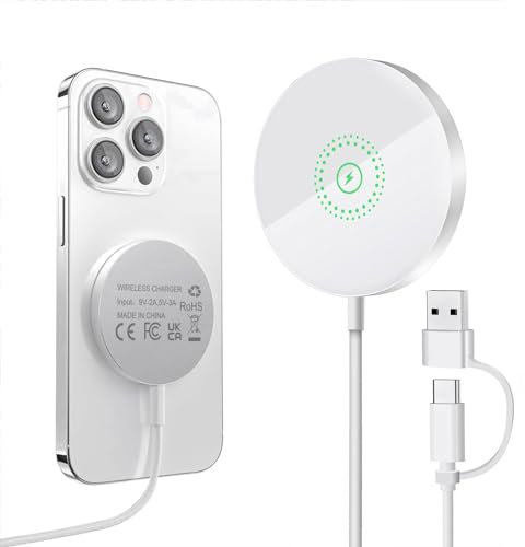Chargeur Induction, Chargeur sans Fil Magnétique Rapide 15W Compatible avec iPhone 16 Pro Max/16 Pro/16 Plus/16/15/14/13/12/12 Mini, AirPods Pro2/Pro/4/3/2, Blanc