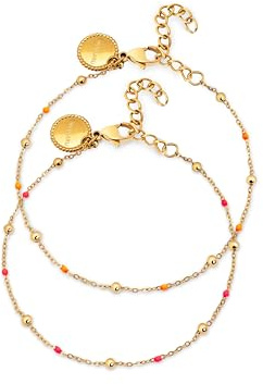 SINGULARU - Pack 2 Pulseras Amistad. Acero con Acabado en Baño Oro de 18Kt. Detalles en Rosa y Naranja. Largo de 16 cm + 3 cm de Alargador. Joyas para Mujer