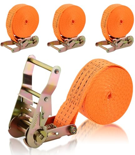 GEARCELL Tie Down Ratchet Straps Heavy Duty, 6M Long, 38mm Wide, Endless Cam Buckle Ratchet Straps 2000kg Load Capacity, Adjustable Tensioning Straps for Motorcycles, Trailer, Kayak, Orange (4-Pack)
