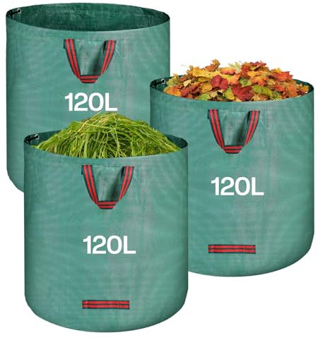 QOEOTUY Gartensack 3X 120L - Gartenabfallsack Stabi mit 4 Griffe - Wasserdicht & Faltbar & Wiederverwendbare - Laubsack selbststehend für Gartenabfälle Rasenschnitt Unkraut