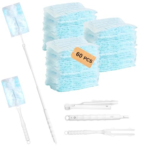 Forbabe 60 stycken dammmagneter för Swiffer, dammmagnet påfyllningspaket med 1 handtag och 1 teleskopstång, dammvippa för rengöring av damm, hår