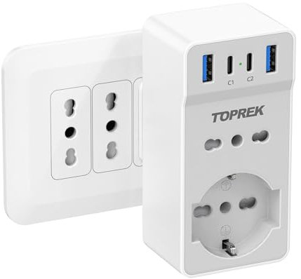 TOPREK Presa Multipla USB Salvaspazio con 4 USB(C1 20W PD3.0), Spina Italiana, 6 in 1 Adattatore Multipresa Elettrica da Muro con 1 Schuko & 1 Prese IT & 2 Type-C & 2 Type-A, 4000W/16A (Bianco)