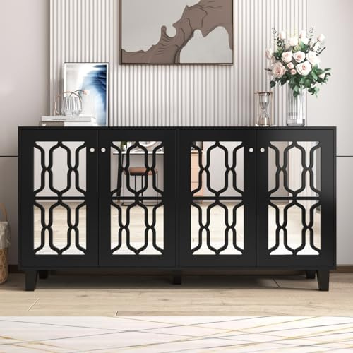 PUGSDRLY Buffet Salon,Meuble de Rangement,Buffet Salle a Manger,Meuble de Rangement pour Cuisine,Armoire avec 4 Portes,Design miroirs et poignées en Cristal Froid,160x40x84cm (Noir)