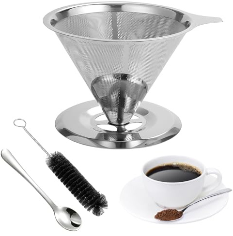 Pour Over Coffee Dripper, with Brush and Spoon, Stainless Steel Reusable Drip Coffee Filter, Paperless Drip Cone Coffee Filter, Easy to Clean, for Coffee Maker