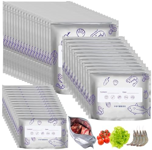 KEAGAN 60 sacchetti in alluminio per conservare freschi, 3 misure, sigillati per alimenti, riutilizzabili, sacchetti sigillabili in alluminio, sacchetti per congelatore per verdure, frutta, carne e