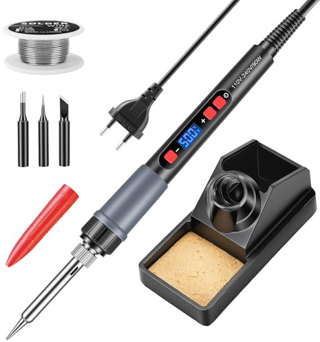 BOSYTRO Kit Saldatore, Saldatore 90w Alta Efficienza, Regolaz. Temp. Lcd 180-500℃. Dotato Di 3 Punte, Filo Di Stagno, Supporto, Copertura Protettiva & Modalità Sospensione Auto (Nero)
