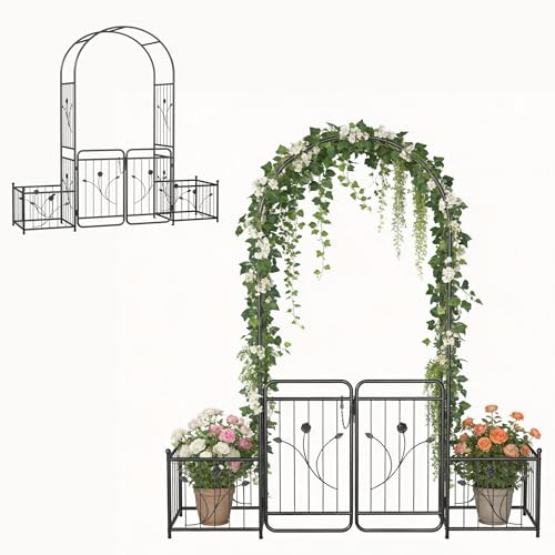 UISEBRT Arco de rosas 3 en 1 con puerta y 2 maceteros, arco de jardín de metal estable, arco para plantas trepadoras, enrejado, boda, enrejado, arco de rosas, patio trasero