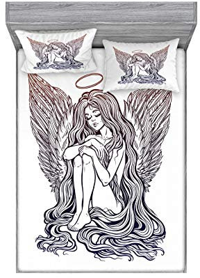 ABAKUHAUS Angel Wings Buntes Spannbetttuch- und Kissen-Set, Langes Haar Mädchen und Halo, Dekoratives und Bedrucktes 3-teiliges Bettwäscheset, 180 cm x 200 cm, Dark Purple Aubergine