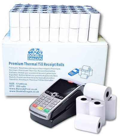 Double Dragon, 57 x 40 mm Premium Thermopapier Kassenrollen für PDQ Kreditkartenmaschine, POS, EPOS, Kassensystem [Packung mit 20]