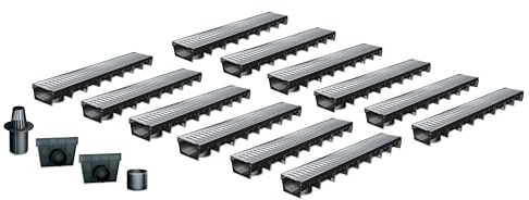 Pack de 12 Caniveaux Extérieurs MEAPARK – Grille en Acier Galvanisé – Drainage Terrasse, Piscine, Jardin – Classe A15 Piéton – Largeur utile 10 cm