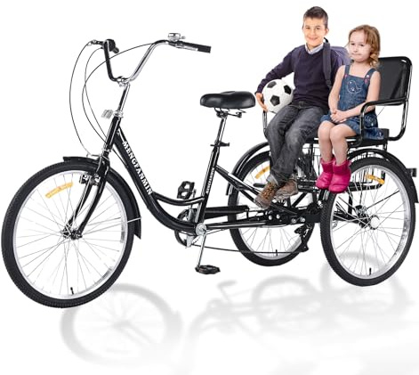 VHCLYBJU Adult Tricycle Foldable with Child seat 3 Wheel Bicycle for Ladies Tricycle with Basket with Back seat 20/24in Bikes Maximum Load 550lbs Shock Absorbing Fork Adult-Unisex (24in-7speed-black)