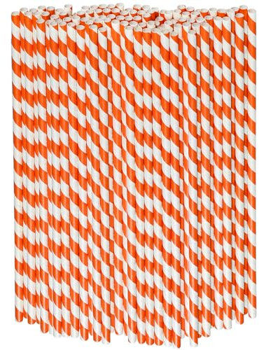 26 x 0,6 cm Lange, Orange Weiß Gestreifte Papierstrohhalme – für Getränke, Partys, Große Tassen, 100 Stück, 100% Biologisch Abbaubar