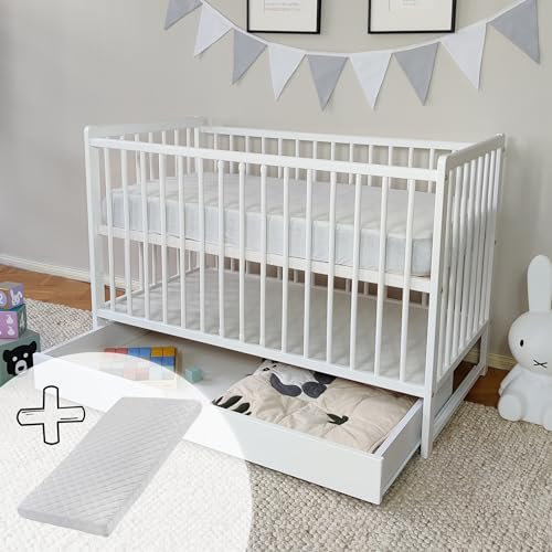 Babybett Kinderbett 60x120 Gitterbett Baby Bett Komplett-Set mit Matratze Beistellbett mitwachsend, Lattenrost höhenverstellbar mit abnehmbaren Sprossen, mit Schublade | weiß Kiefer-Vollholz