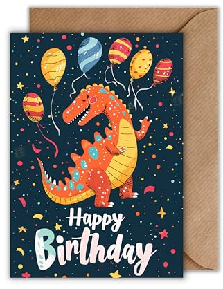 WBdesignz Dinosaurier Geburtstag Karte mit Umschlag - Geburtstagskarte Junge Happy Birthday Dino Dunkelblau Glückwunschkarte zum Geburtstag Kinder (DIN A6)
