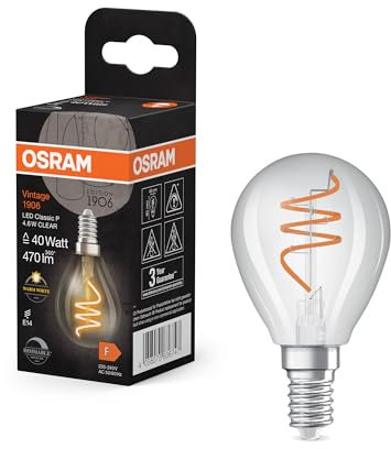 OSRAM Vintage 1906 Classic ist eine warmweiße, dimmbare LED-Lampe in Miniballform mit spiralförmigem Filament. Sie bietet 4.6 W für 470 lm, E14 Fassung, klarfarbenes Glas, 45 mm Durchmesser, 2700 K.