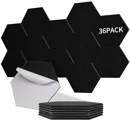 Sonuvia paket med 36 Hexagon akustikpaneler självhäftande, täcker 2,11m²,ljudisolering för väggar och dörrar - 230 kg/m³, NRC 0,95,100% polyester, idealisk för ljudisolering vägg,svart
