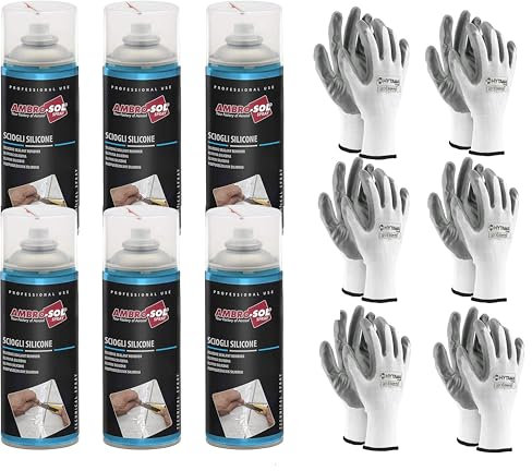 HYTAMA TOOLS Disuelve silicona, elimina la silicona y los residuos relacionados sin agredir las superficies, actúa rápidamente, spray 6 x 400 ml. El kit incluye 6 pares de guantes de nitrilo