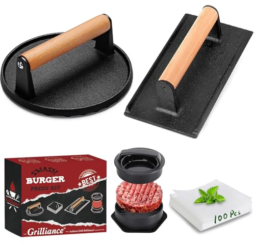 Grilliance Smash Burger Press Kit, 3 in 1 Hamburger Press Patty Maker, Black Cast Iron Burger Press Round & Rectangle, 100pcs Wax Paper for Grill, Griddle, Flat top, Kitchen, Cooking