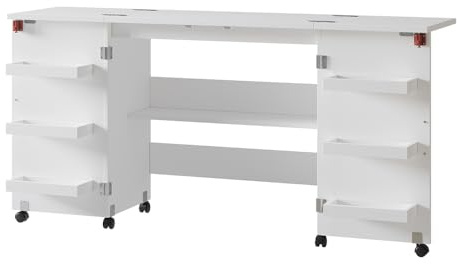 Vicco Tavolo da cucito Carmen, Bianco, 160 x 80.2 cm con 6 ripiani, pieghevole con ruote per un utilizzo flessibile come tavolo da lavoro