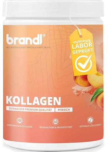 Kollagen Pulver für Knochen und Gelenke abgefüllt in Deutschland & unabhänging laborgeprüft – Collagen Typ 1 & 3 hohe Bioverfügbarkeit – Pfirsich gut verträglich, 555g Premium brandl & Collasel suisse
