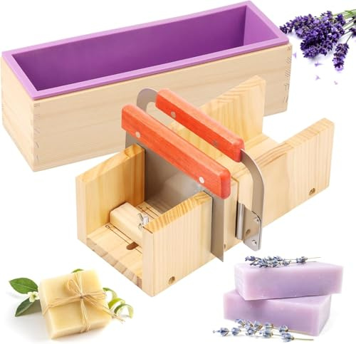 Lot de 5 coupe-savons, 1,4 L, en silicone, en bois, avec couteau ondulé, en acier inoxydable, couteau droit, couverture, kit de fabrication de savon, résistance à haute température, réglable