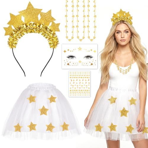 5PCS Disfraz Estrella Mujer Niña, Diadema Estrella de Navidad Tatuajes Pegatinas Cara Collar Falda Tutu Blanco, Disfraces Angel Disfraz Navidad Mujer para Fiesta Halloween Navideñas Carnaval Cosplay