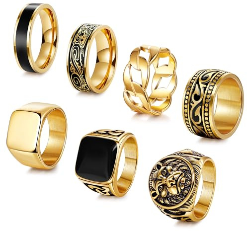 AFSITNIG 7Pcs Stainless Steel Vintage Signet Rings for Men Square Signet Rings Cuban Link Chain Ring Pinky Thumb Celtic Band Spinner Ring Gold Polished Edge Mens Ring Biker Rings Set,Size 12