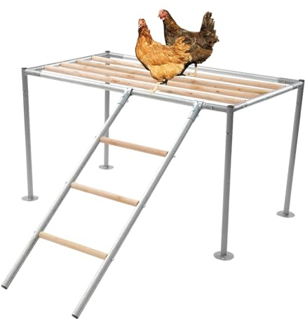 OUKANING Kycklingstege med sittstång och plattform, 105 x 60 x 60 cm, stort hönshus tillbehör av trä och stål, bär 10 kycklingar, stabil lekplats i trä för kycklingar inomhus och utomhus
