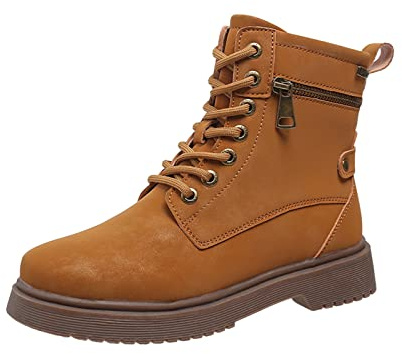 Cocila Botas De Fondo con Cordones Y Cremallera Doble Cuero Color Sólido Estilo Británico para Mujer Pelo Niño Altas Marrones Piel Invierno Tacon Botines Alto Planos Zapatillas Negras Bota