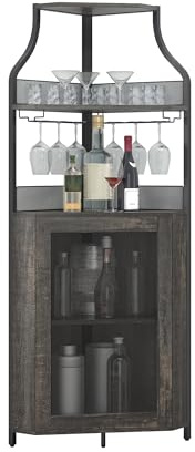 Armadietto per vino ad angolo con portabottiglie rimovibile, armadio ad angolo industriale a 5 livelli con porta in rete metallica e porta bicchieri, credenza in stile contadino e bar domestico