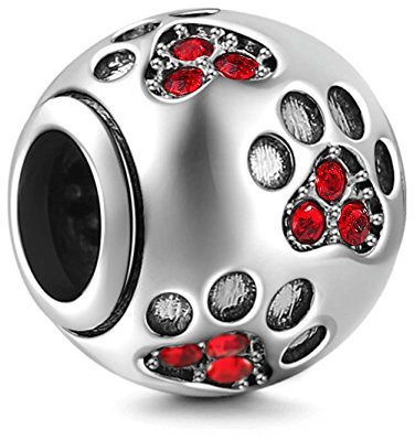 CHAWIN Jewelry Paw Prints Solid 925 Sterling Silver Charm with Red Crystal Designs Ball Shape European Style Beads and Charms