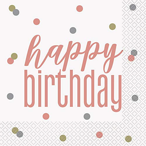 Rose Gold Glitz Happy Birthday Beverage Napkins - 16 Count, Perfect for Birthdays and Festive Celebrations