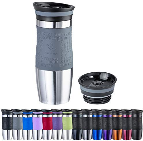WELLGRO Thermobecher 400 ml + 1 Extradeckel - Edelstahl rostfrei - Silikon Soft-Touch Griffstück - BPA-frei - Isolierbecher doppelwandig - Travel Mug - Kaffeebecher to go, Farbe:Grau