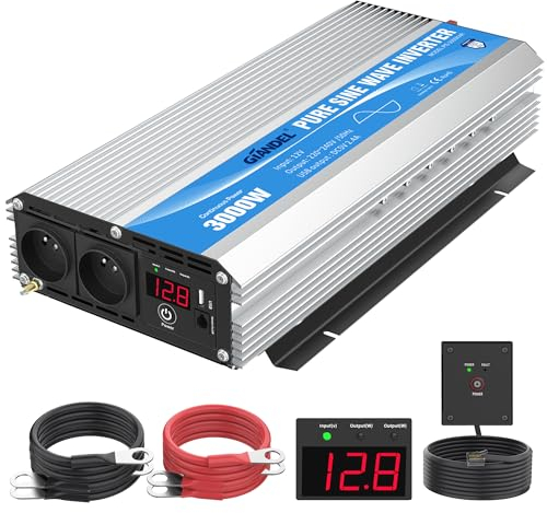GIANDEL 3000W Convertisseur 12V 220V Pur Sinus Onduleur à Onde Sinusoïdale Pure Transformateur Compatible Lithium-Batterie, pour La Maison, RV, Camion, Hors Réseau Solaire avec 30 Pieds Télécommande